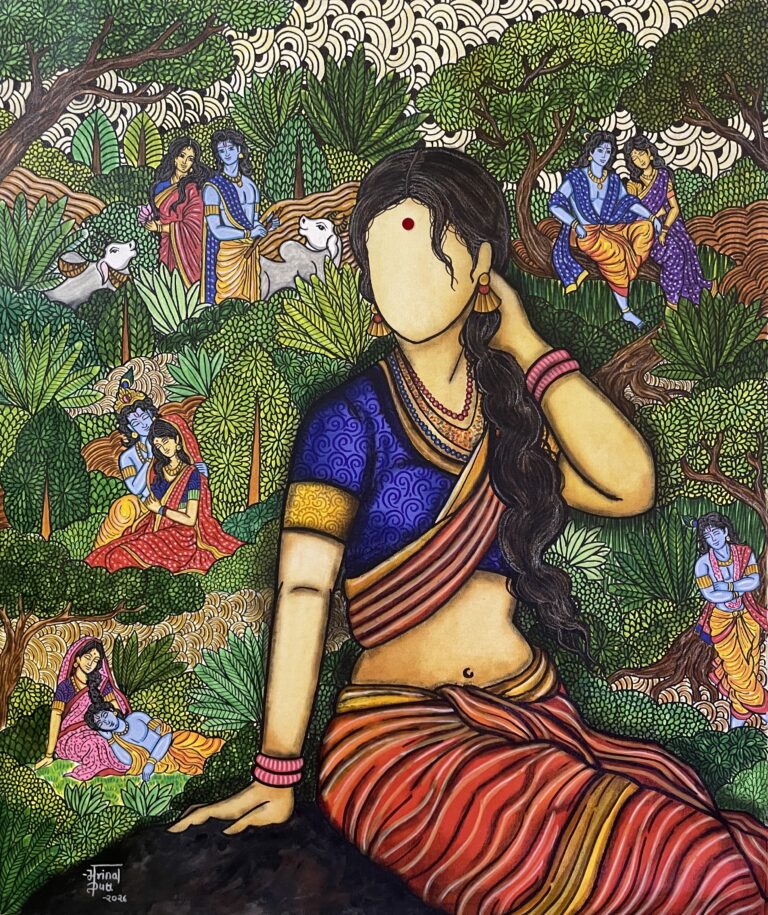 Paramatman-Radha’s realization of love for Krishna transcends human romance, representing the ultimate spiritual awakening. She realizes that her love is not merely an attachment, but an eternal, selfless merging of the individual soul. Acrylic on canvas